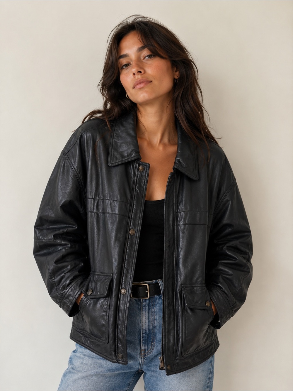 Vintage Black 100% Leather Jacket Size Small Oversized Made in India Retro Fall